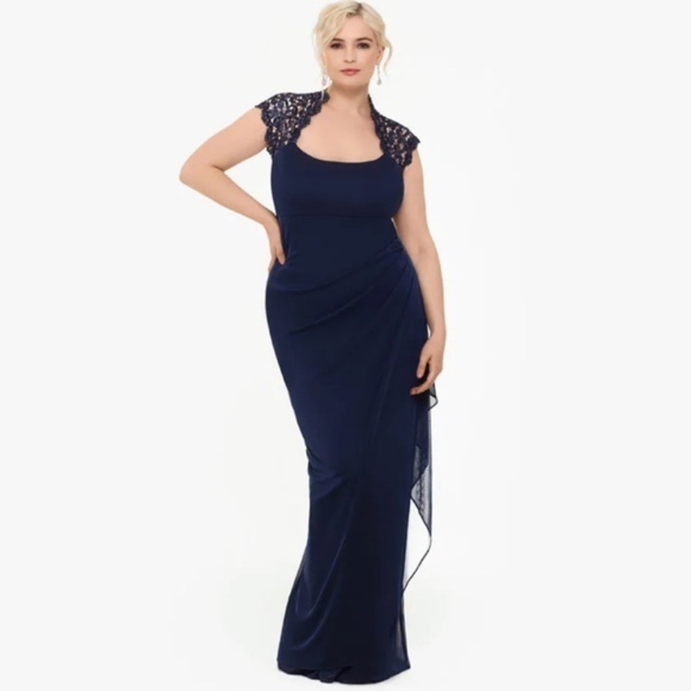 Xscape Blue Ruched draped lace neck shoulders detail Gown